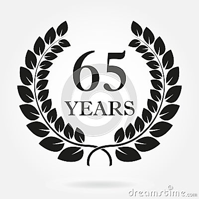 65 years. Anniversary or birthday icon with 65 years and laurel wreath. Vector illuatration Vector Illustration